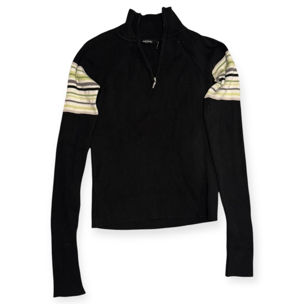 Black Quarter-Zip Sweater with Striped Sleeves